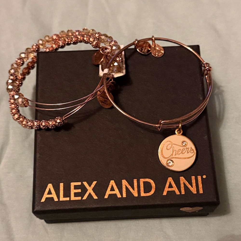 NEW SET Alex and Ani Cheers Charm Bracelet Rose Gold GIFT BOX CHAMPAGNE BEAD NWT - Picture 5 of 12